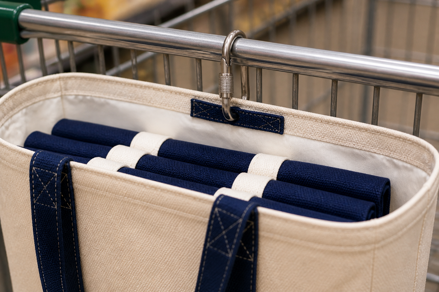Cream tote clipped to a grocery cart with a small carabiner