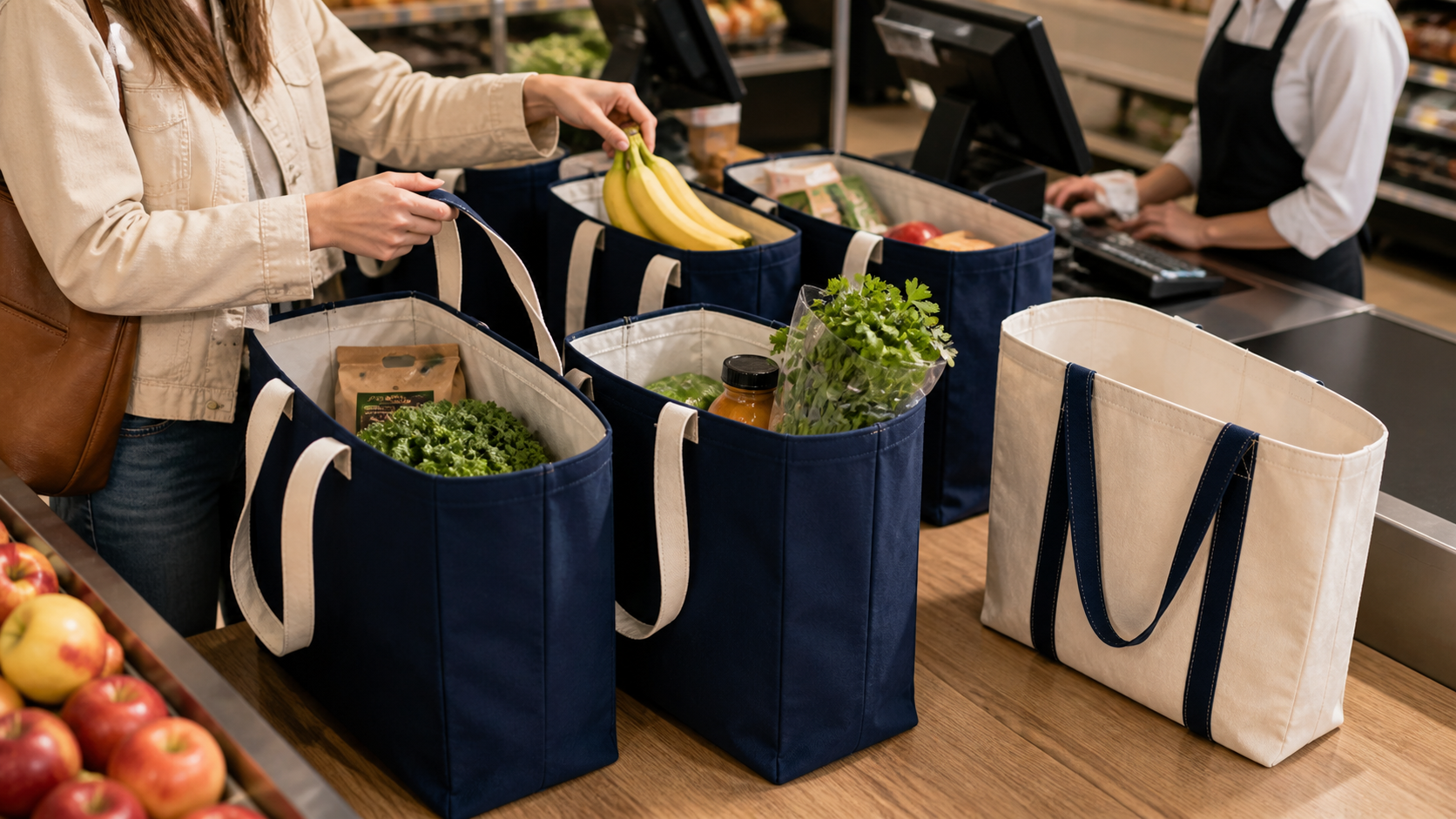 Navy interior totes ready at grocery checkout