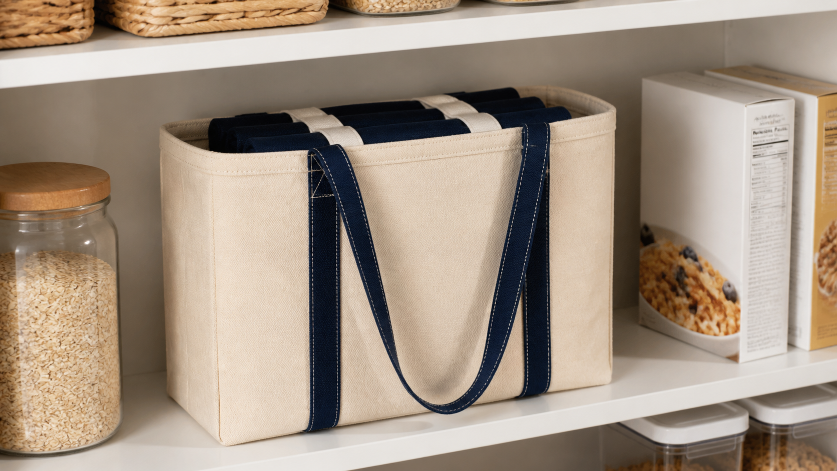 Cream fifth tote stored neatly in a pantry